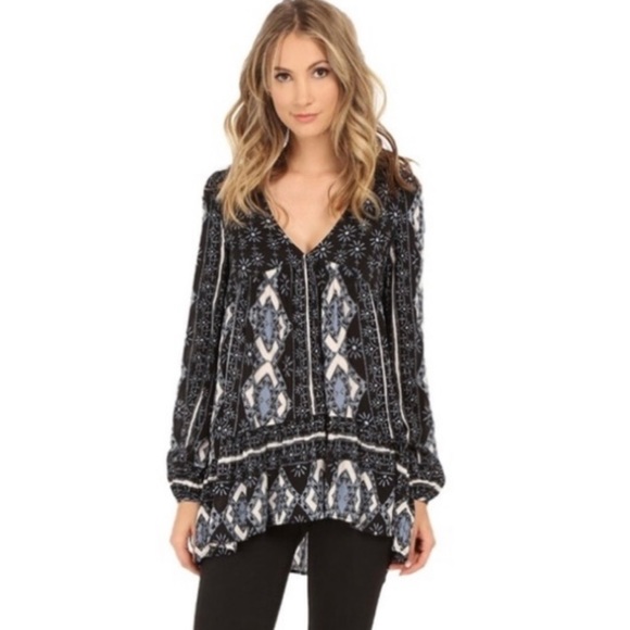 Free People Down By The Bay ~Size XS~ Long Sleeve Flowy Boho Tunic Peasant Dress - Picture 2 of 15